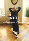 A.P.C. x Anastasia Barbieri campaign image, featuring a women on a chair, wearing full denim look and white pair of shoes