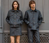 A.P.C. Loyalty - woman and man models wearing all denim look against a gray background