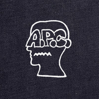 A.P.C. x Brain Dead Interaction Teaser - A.P.C. x Brain Dead logo on denim background.