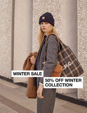 A.P.C. Women's Winter Sale - woman model wearing winter clothing and accessories against a concrete background