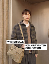 A.P.C. Men's Winter Sale - man model wearing winter clothing and accessories against a concrete background