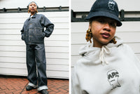 A.P.C. Brain Dead - woman model wearing denim jacket, jeans, bucket hat and sweatshirt