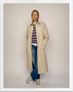 A.P.C. Journal - Woman wearing beige parka and faded blue jeans.