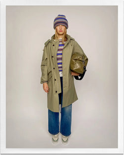 A.P.C. Journal - Woman wearing green parka and faded jeans.